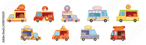 Food Truck or Van Selling Donut, Hot Dog, Chicken and Pizza Vector Set