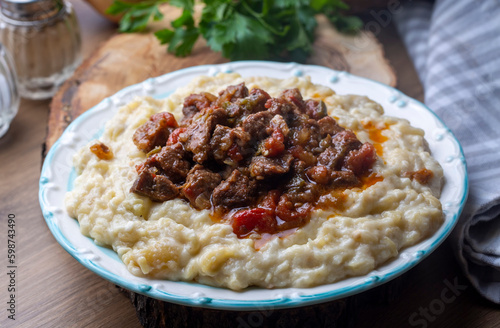 Turkish Food Hunkar Begendi made with Eggplant and Meat. photo