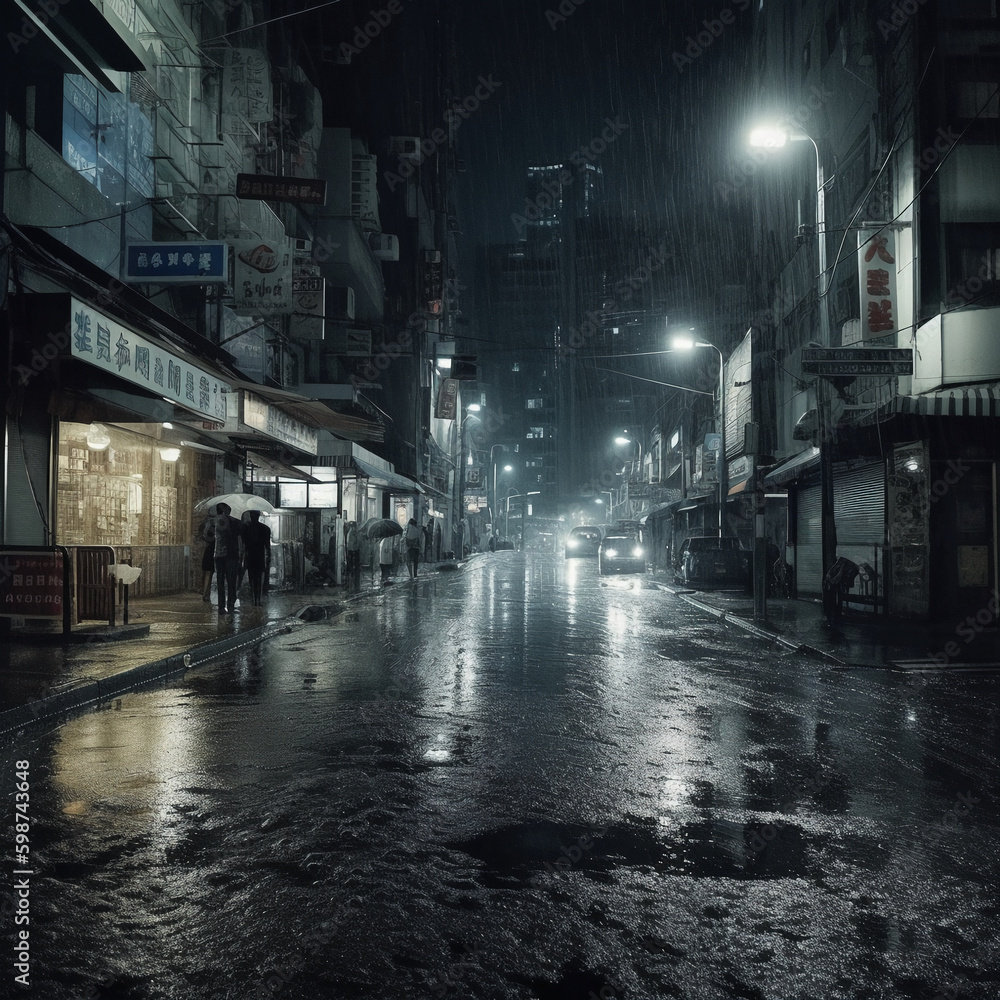 Heavy Rain and Dark Night in the Urban. AI generative