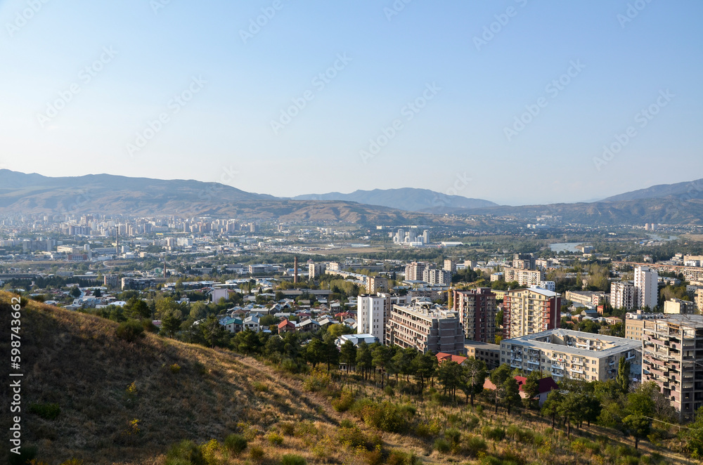 Aerial view of the residential district of Tbilisi from the Chronicle of Georgia monument