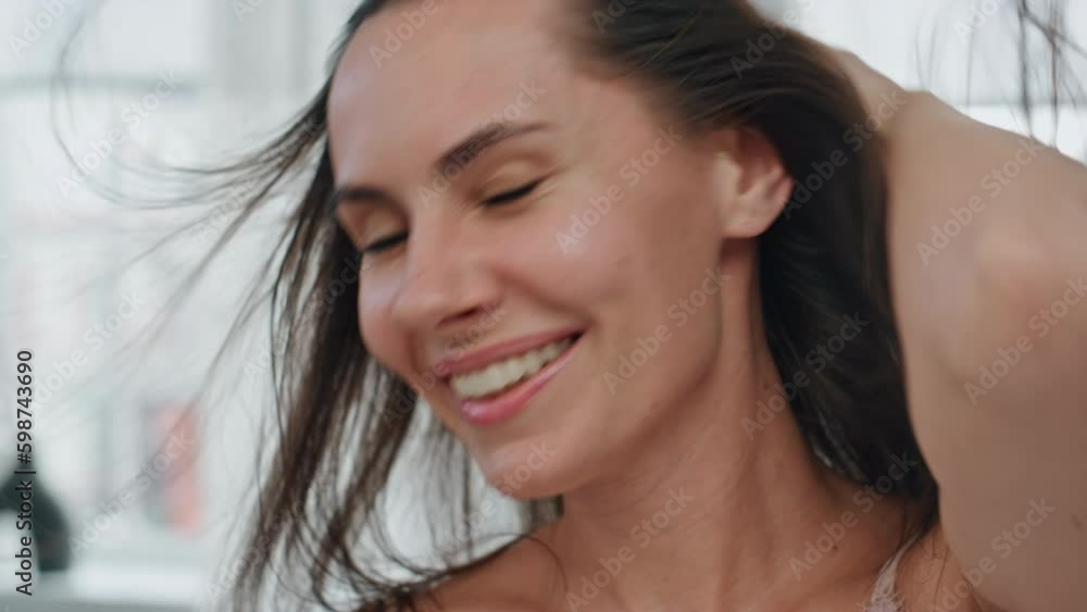 Dancing model drying hair home portrait. Overjoyed happy woman using blow dryer Generative AI Dancing model drying hair home portrait. Overjoyed happy woman using blow dryer Generative AI