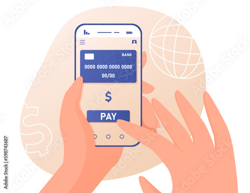 Paying by card. Online shopping and transactions, ewallet and banking. Modern technologies and digital world. Wireless payment, application and program. Cartoon flat vector illustration