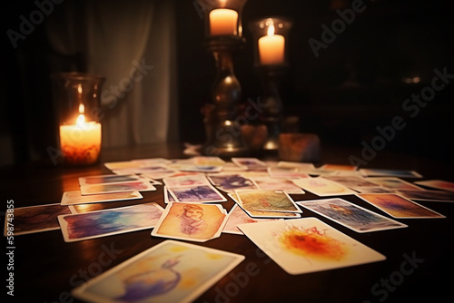 blurred tarot cards on table near burning candles in candle light. Forecasting concept. selective focus. Generative AI