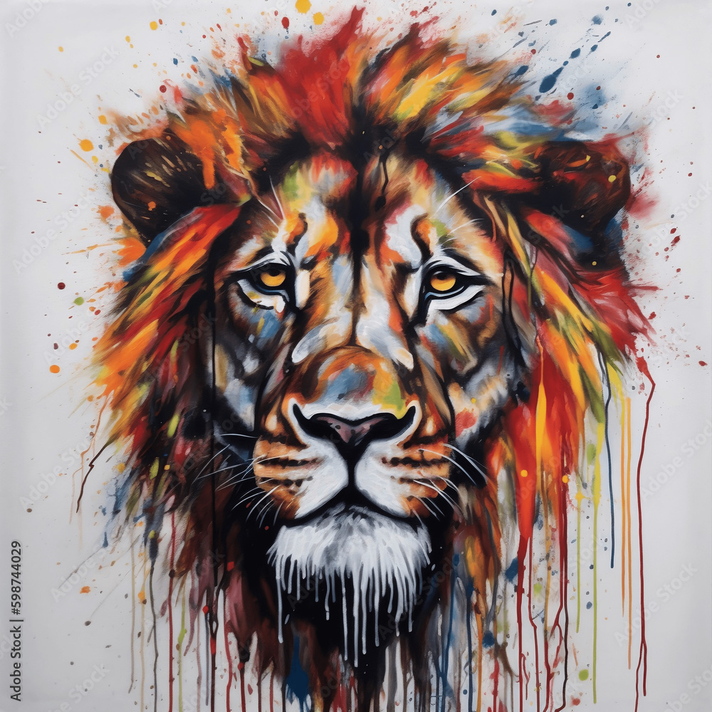A  Portrait Painting Of A Colorful Lion, In The Style Of Dripping Paint, Spray Painted Realism, Graffiti Style, Dark White And Dark Orange, Elegant, White Background, Multi-Coloured, color splash