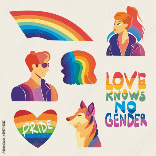 LGBTQ Pride Parade Set. Vector illustration of a gay pride parade. A group of people participating in the Pride parade. LGBT community Generative AI
