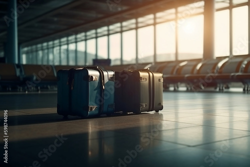 Luggage suitcases at the airport wide banner with copy space area for vacations and holiday travel concepts. AI generative