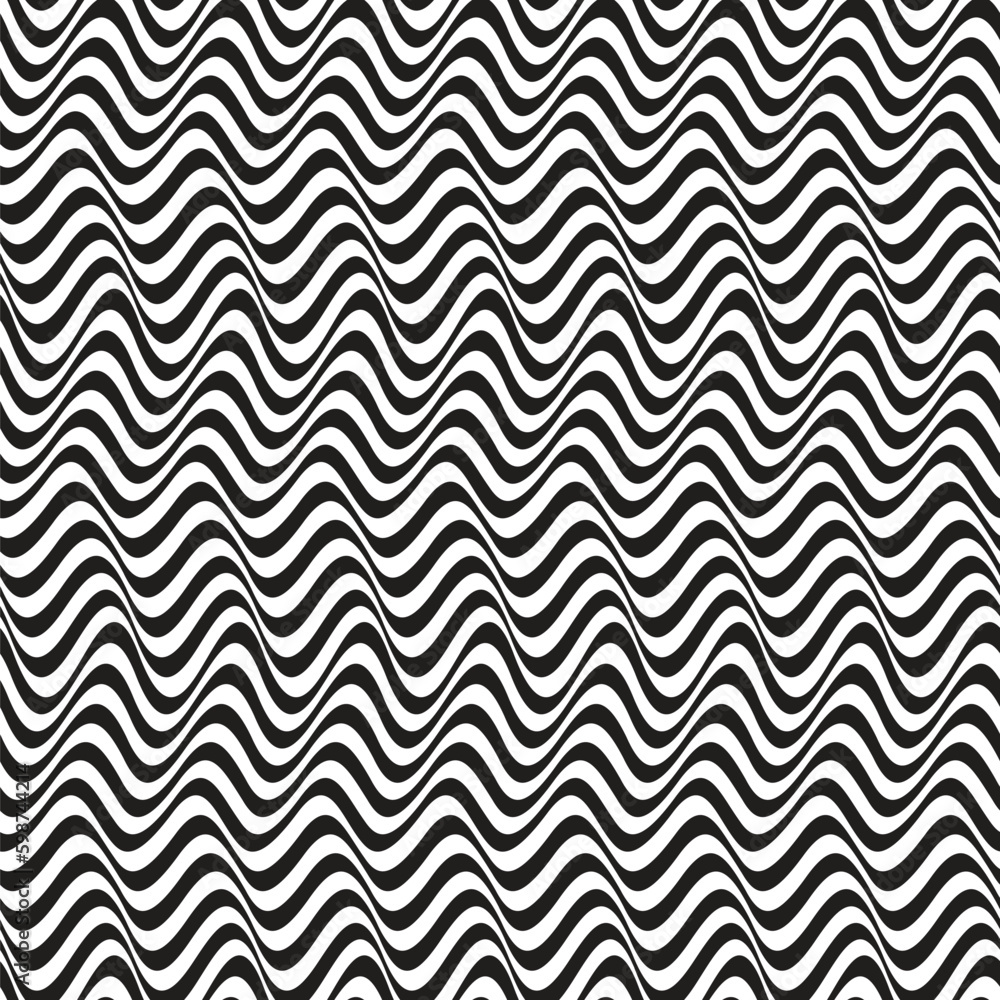 Seamless abstract geometric wavy pattern with black and white horizontal zigzag lines. Monochrome wave pattern. Vector illustration for textile, wrapping, and decorative design projects. Seamless abstract geometric wavy pattern with black and white horizontal zigzag lines. Monochrome wave pattern. Vector illustration for textile, wrapping, and decorative design projects.