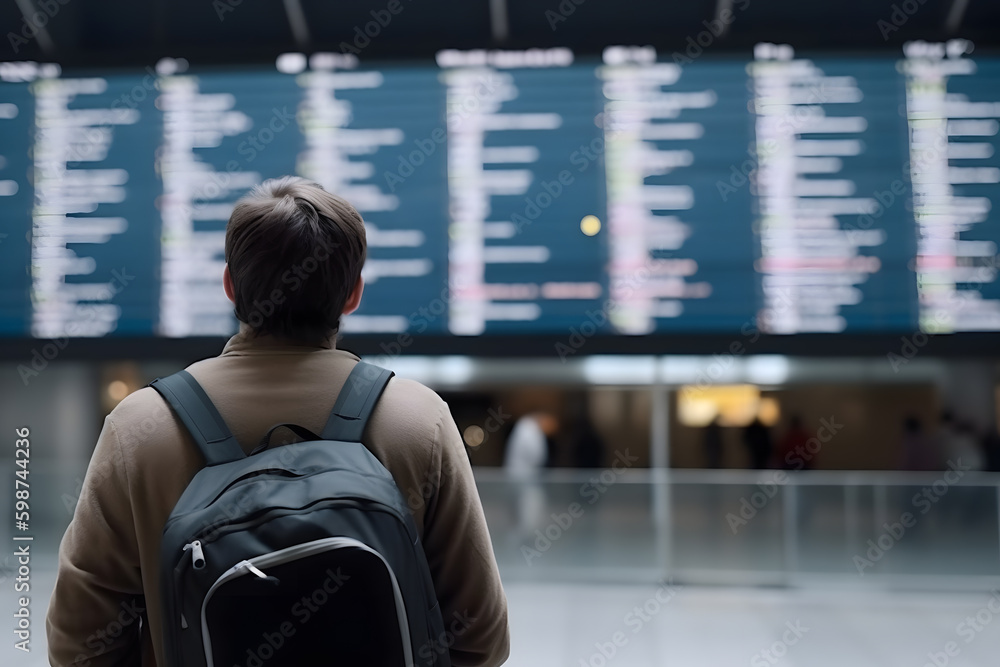 Tourist man looking at flight schedules for checking take off time Tourist man looking at flight schedules for checking take off time