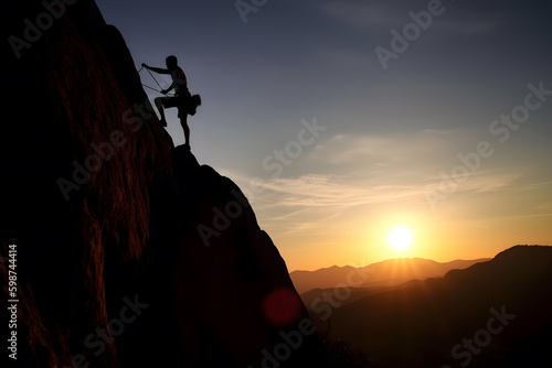 Silhouette of person mountian climbing, Generative AI