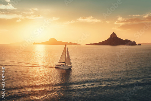 Luxury yacht sailing in the middle of the sea beside an island and mountains in the horizon at sunset as wide banner. AI generative 
