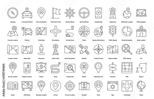 Navigation Thin Line Maps Route GPS Outline Icons in Black