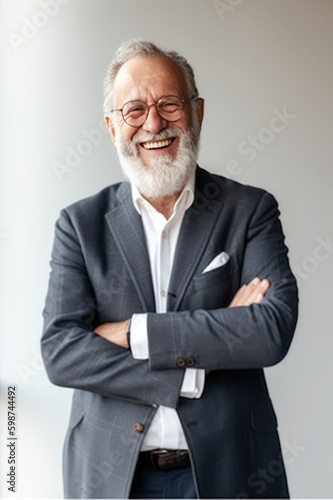 Happy laughing old bearded business man leader executive, smiling senior confident professional businessman wearing suit standing arms crossed isolated on white wall. Generative AI © Adriana