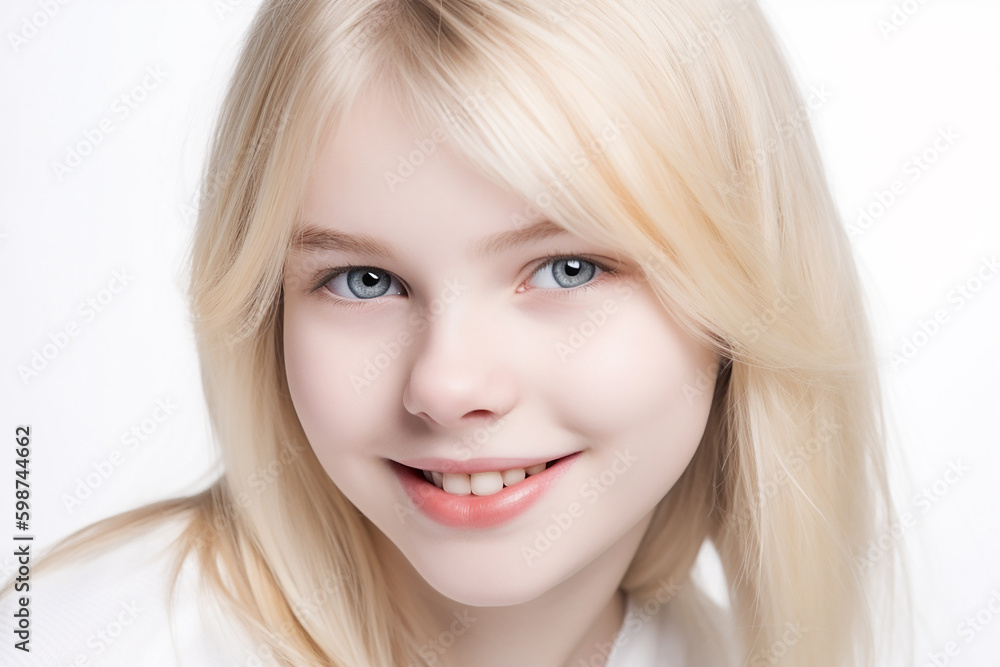 Pretty little smiling blond girl, close up. Generative AI Pretty little smiling blond girl, close up. Generative AI