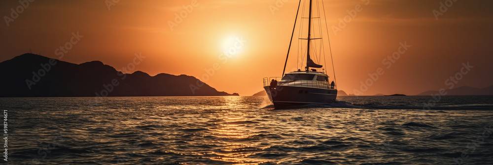 Luxury yacht sailing in the middle of the sea beside an island and mountains in the horizon at sunset as wide banner. AI generative