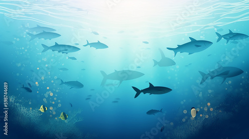 Underwater fishes world, cartoon style, banner design. Generative AI