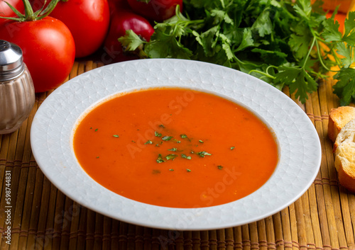 Delicious looking tomato soup. Turkish name; Domates corbasi