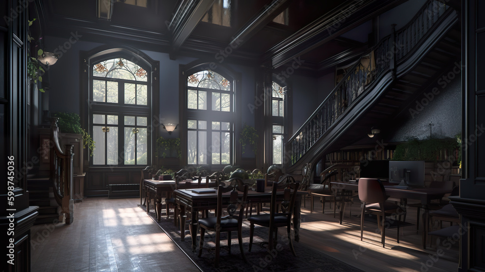 A dining room with a lot of tables and chairs. AI generative. Dark academia style, victorian style mansion interior design with wooden stairs.