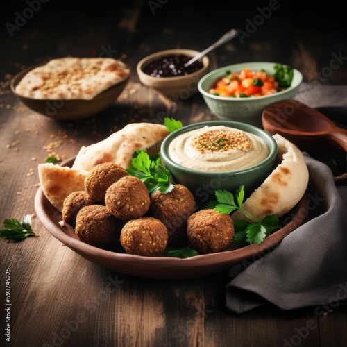 A plate of crispy falafel balls, served with a side of tahini sauce and fresh pita bread ai, ai generative, illustration
