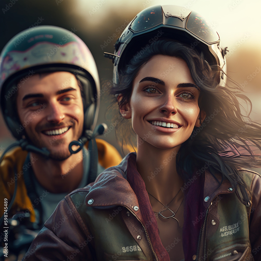 Motorbike trip at sunset. Young couple riding a motorbike in summer, fictitious people. AI generated image Motorbike trip at sunset. Young couple riding a motorbike in summer, fictitious people. AI generated image
