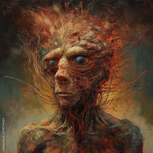 This portrait features a scary but harmless fantasy creature, created by AI art. The surreal design is in psychedelic colors, reflecting themes of altered consciousness and alternate realities.