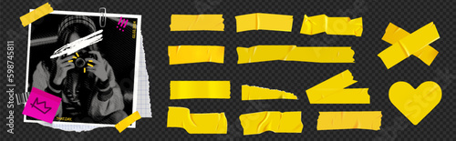 Yellow duct tape for photo collage. Bright scotch tape for the frame. Collage frame with girl photo, barcode, paper clip and stickers and torn paper. Vector elements. Generative AI