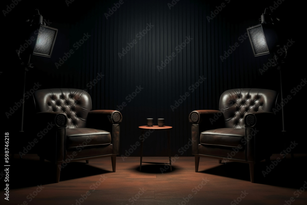 Two chairs and spotlights in podcast or interview room on dark background. AI generative Two chairs and spotlights in podcast or interview room on dark background. AI generative