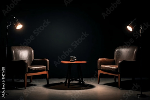 Two chairs and spotlights in podcast or interview room on dark background. AI generative © SANGHYUN