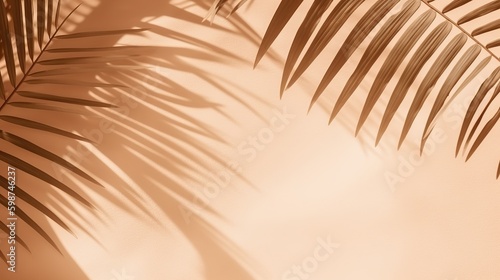 Beautiful abstract banner with green palm leaves shadow beige on white background. Natural leaf concept. Green natural background. Palm tree leaf texture. Summer concept. Abstract floral pattern.