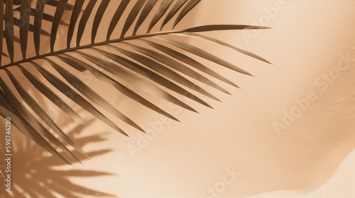 Beautiful abstract banner with green palm leaves shadow beige on white background. Natural leaf concept. Green natural background. Palm tree leaf texture. Summer concept. Abstract floral pattern.
