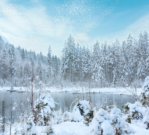 Small winter stream with snowy trees. © wildman