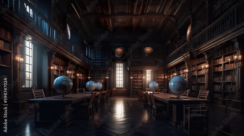 A room filled with lots of books and globes. AI generative. Dark academia style, victorian style mansion interior design with wooden stairs.