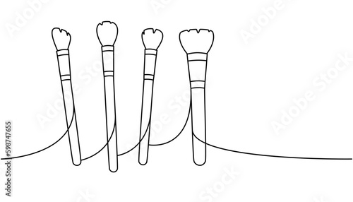 Professional makeup brushes one line continuous drawing. Makeup and beauty tools continuous one line illustration. Vector linear illustration