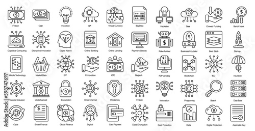 Fintech Thin Line Icons Finance Technology API Outline Icons in Black