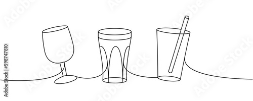 Set of glass cups one line continuous drawing. Empty glass cups continuous one line illustration. Vector linear illustration.