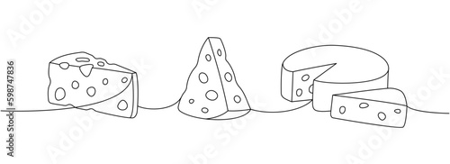 Set of cheese products one line continuous drawing. Different types of cheese continuous one line illustration. Vector minimalist linear illustration.