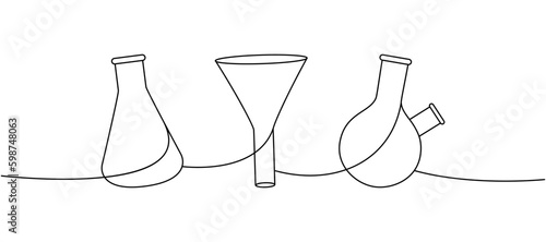Laboratory glass equipment one line continuous drawing. Filter funnel, glass flask, round bottom flask continuous one line illustration.