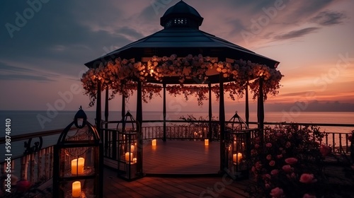 illustration, romantic night in the gazebo by the sea, ai generative