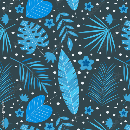 Exotic blue and turquoise floral  Topical leaves seamless pattern. For fabric, home decor and textile 