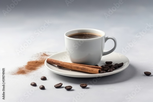 Relaxing Coffee Banner. Hot cup of aromatic coffee adorned with cinnamon sticks, isolated on a serene white background with space to text. Copy space. Relaxation drink concept AI Generative