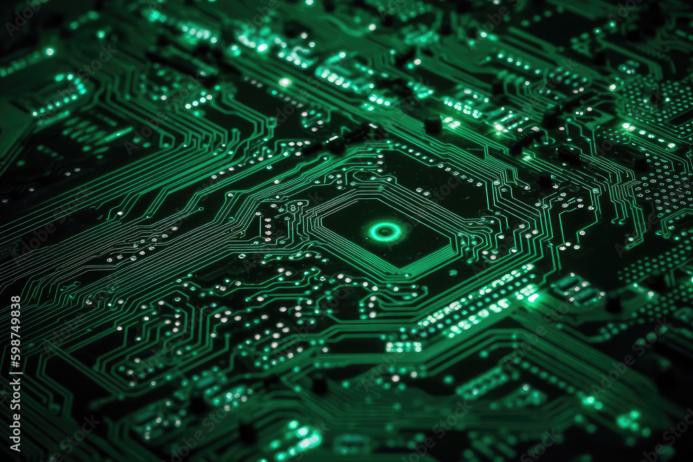 Digital Circuitry Wonders. Dive into the complexity of a close-up shot capturing a green circuit abstract background, symbolizing high-tech marvels. Copy space. Electronics concept AI Generative Digital Circuitry Wonders. Dive into the complexity of a close-up shot capturing a green circuit abstract background, symbolizing high-tech marvels. Copy space. Electronics concept AI Generative