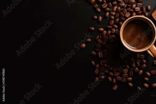 Coffee Bliss. Coffee Cup and Scattered Beans on Table with Copy Space. Java Delight. Coffee Cup and Scattered Coffee Beans on Table Background.