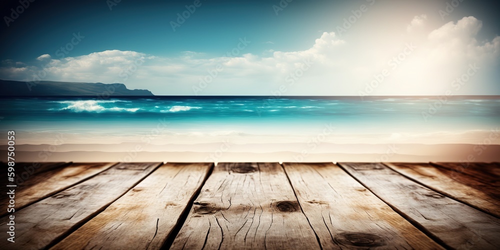 Empty wooden surface with blurres sea background