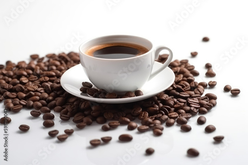 Relaxing Coffee Banner. Hot cup of aromatic coffee adorned with coffee beans, isolated on a serene white background with space to text. Copy space. Relaxation drink concept AI Generative