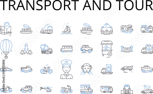 Transport and tour line icons collection. Commute, Travel, Journey, Excursion, Expedition, Voyage, Passage vector and linear illustration. Transit,Transfer,Conveyance outline signs set Generative AI