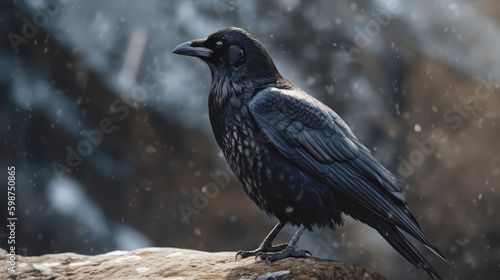 Winter Wilderness. Immerse yourself in the snowy landscape as a Common Raven perches on a rock amidst a snowy background. Copy space. Wildlife concept AI Generative