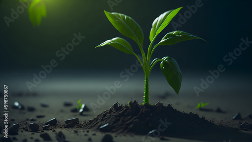 A newly sprouted green plant in the ground. high detail  cinematic light.  Generative AI 
