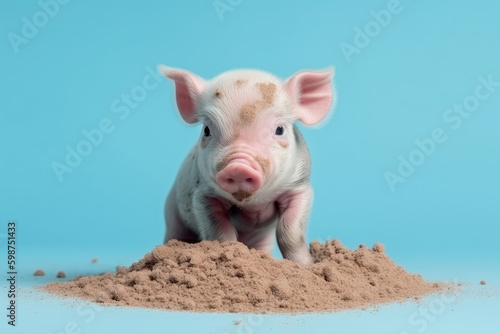 Curious Farm Friend. Cute Pink Piglet with an Innocent Expression, Snuffling in the Dirt on a Light Blue Background. AI Generative