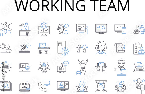 Working team line icons collection. Taskforce, Brigade, Crew, Unit, Posse, Squad, Troupe vector and linear illustration. Gang, Group, Company outline signs set Generative AI