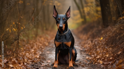 Agile Canine in the Woodland. Awe-inspiring moment as a Doberman Pinscher showcases its agility, sprinting through a lush forest of majestic trees. Pet concept AI Generative