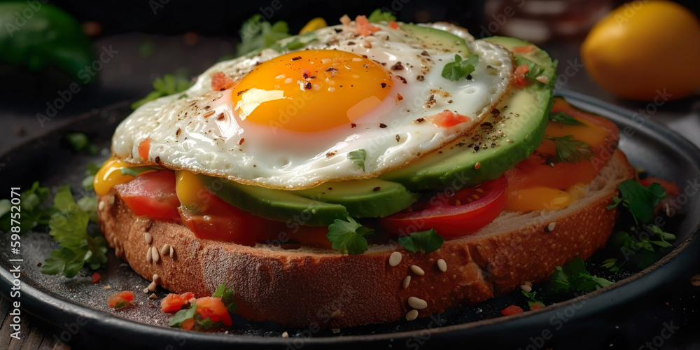 Egg with bread, cheese, avocado and tomato, IA generativa Egg with bread, cheese, avocado and tomato, IA generativa
